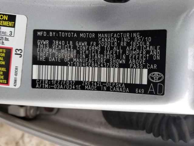 2T1BU4EE8AC417026 - 2010 TOYOTA COROLLA BASE SILVER photo 12