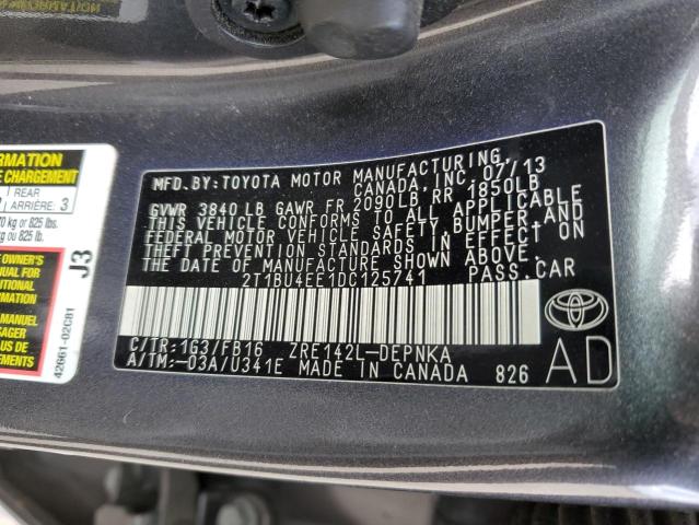 2T1BU4EE1DC125741 - 2013 TOYOTA COROLLA BASE GRAY photo 12