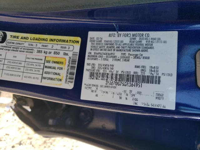 3FA6P0G76GR364951 - 2016 FORD FUSION S BLUE photo 12