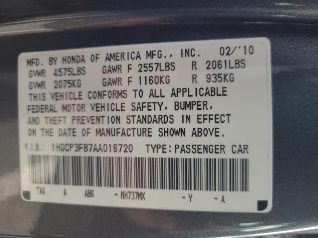 1HGCP3F87AA016720 - 2010 HONDA ACCORD EXL SILVER photo 10