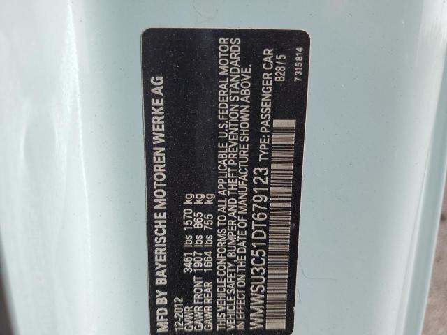 WMWSU3C51DT679123 - 2013 MINI COOPER TURQUOISE photo 12