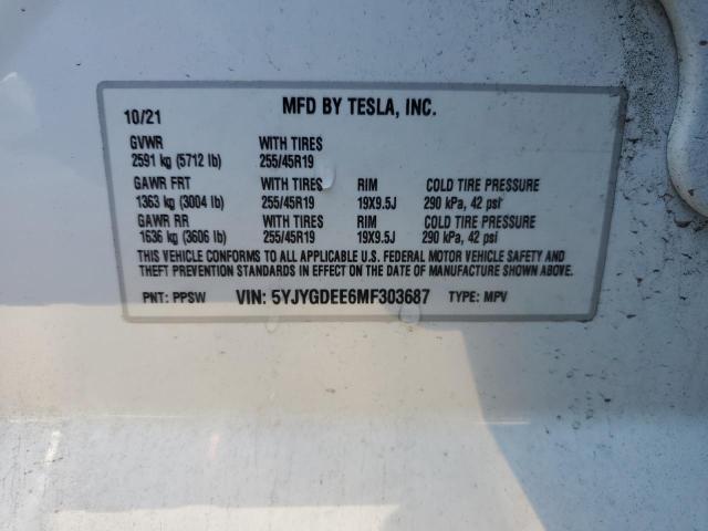 5YJYGDEE6MF303687 - 2021 TESLA MODEL Y WHITE photo 12