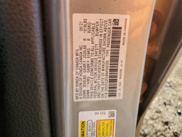 2HGFE2F24NH509366 - 2022 HONDA CIVIC LX SILVER photo 12