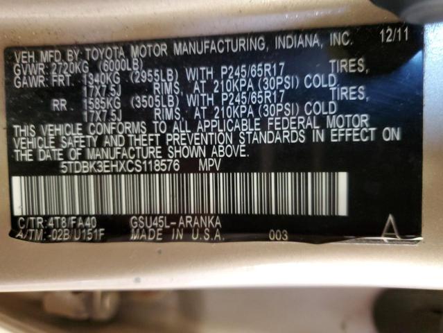 5TDBK3EHXCS118576 - 2012 TOYOTA HIGHLANDER BASE ذهبي صورة 13