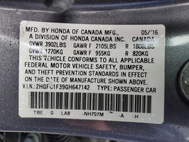 2HGFC1F39GH647142 - 2016 HONDA CIVIC EX GRAY photo 12