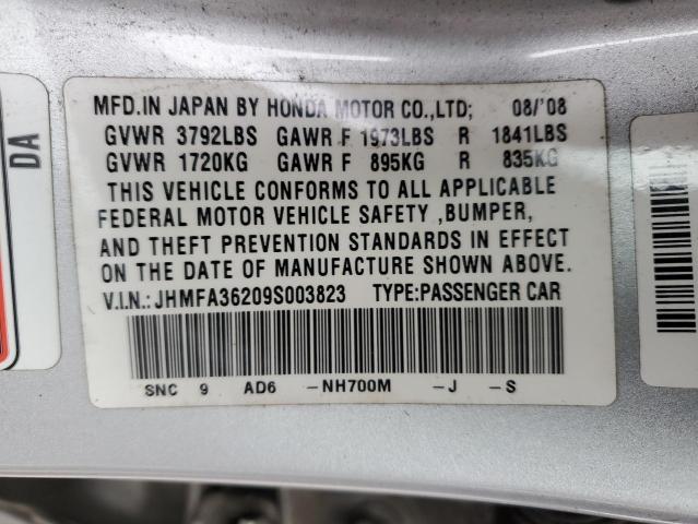 JHMFA36209S003823 - 2009 HONDA CIVIC HYBRID SILVER photo 12