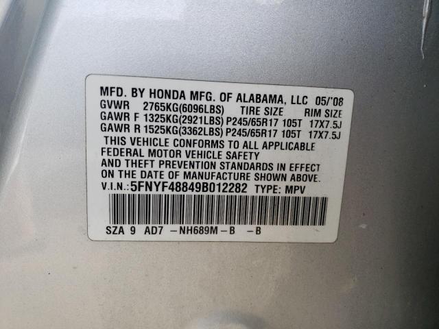 5FNYF48849B012282 - 2009 HONDA PILOT TOURING SILVER photo 13