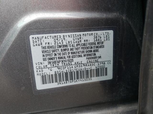 3N1AB7AP1KY415035 - 2019 NISSAN SENTRA S GRAY photo 13