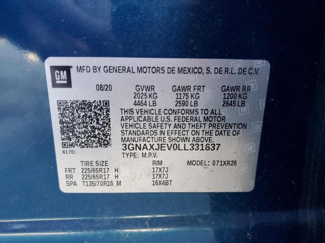 3GNAXJEV0LL331637 - 2020 CHEVROLET EQUINOX LT BLUE photo 13