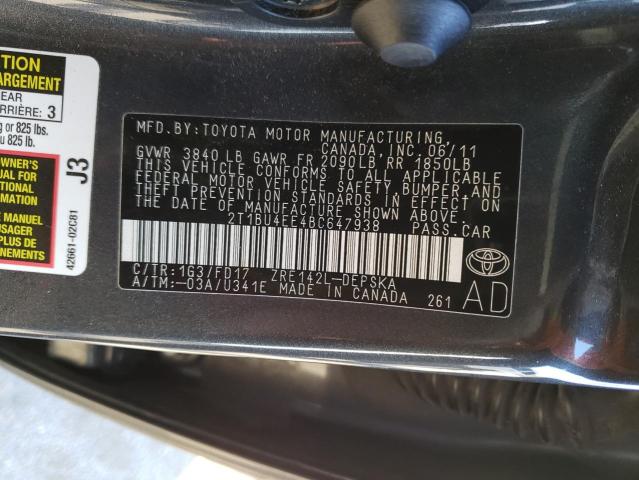 2T1BU4EE4BC647938 - 2011 TOYOTA COROLLA BASE GRAY photo 12