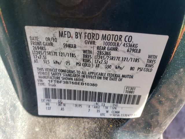 1FTBF3BT6BEB10380 - 2011 FORD F350 SUPER DUTY GREEN photo 12