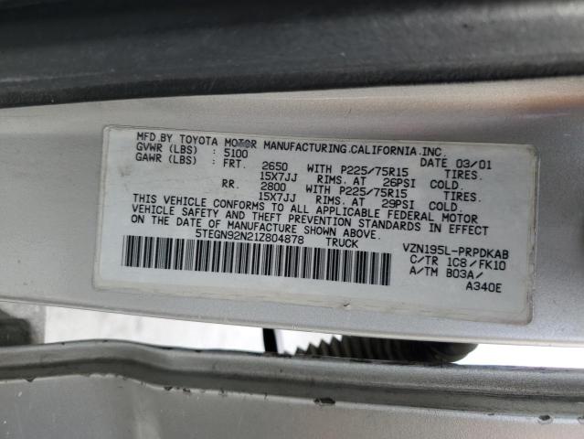 5TEGN92N21Z804878 - 2001 TOYOTA TACOMA DOUBLE CAB PRERUNNER SILVER photo 12