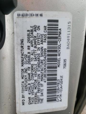 4T1BE32KX2U542899 - 2002 TOYOTA CAMRY LE SILVER photo 12