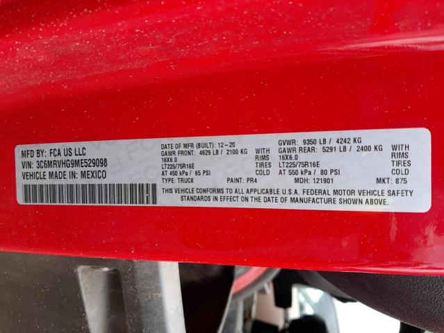3C6MRVHG9ME529098 - 2021 RAM PROMASTER 3500 HIGH 红色 照片 12