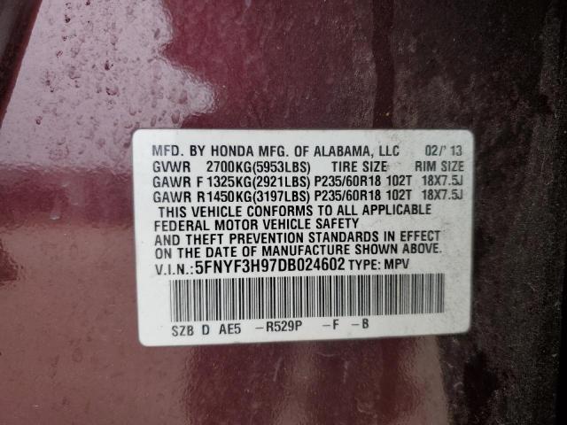 5FNYF3H97DB024602 - 2013 HONDA PILOT TOURING MAROON photo 13