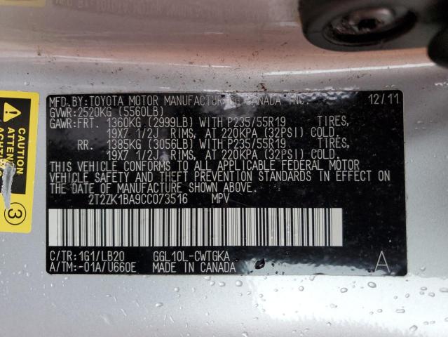 2T2ZK1BA9CC073516 - 2012 LEXUS RX 350 SILVER photo 12