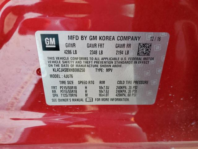 KL4CJASBXHB086250 - 2017 BUICK ENCORE PREFERRED RED photo 12