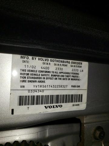 YV1RS61T432258327 - 2003 VOLVO S60 SILVER photo 12