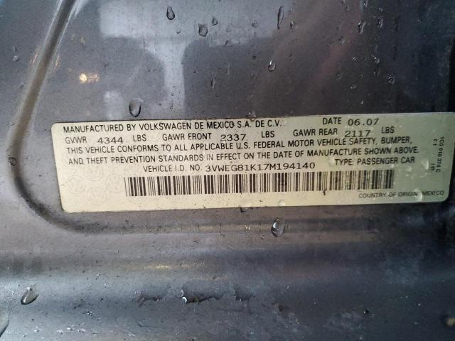 3VWEG81K17M194140 - 2007 VOLKSWAGEN JETTA WOLFSBURG 灰色 照片 12