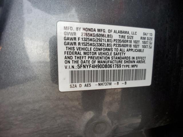 5FNYF4H90DB061769 - 2013 HONDA PILOT TOURING GRAY photo 12