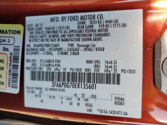 3FA6P0G70ER135601 - 2014 FORD FUSION S RED photo 12