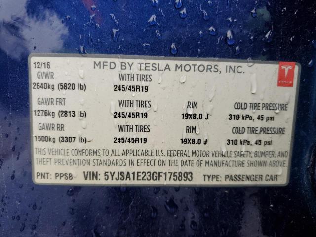 5YJSA1E23GF175893 - 2016 TESLA MODEL S BLUE photo 12