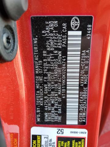 4T1B11HK0KU284741 - 2019 TOYOTA CAMRY L RED photo 12