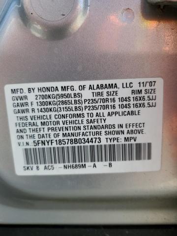 5FNYF18578B034473 - 2008 HONDA PILOT EXL SILVER photo 13