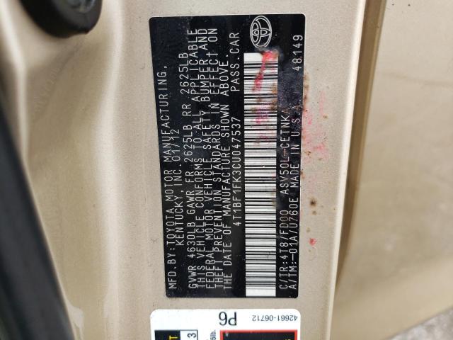 4T1BF1FK3CU047537 - 2012 TOYOTA CAMRY BASE GOLD photo 12