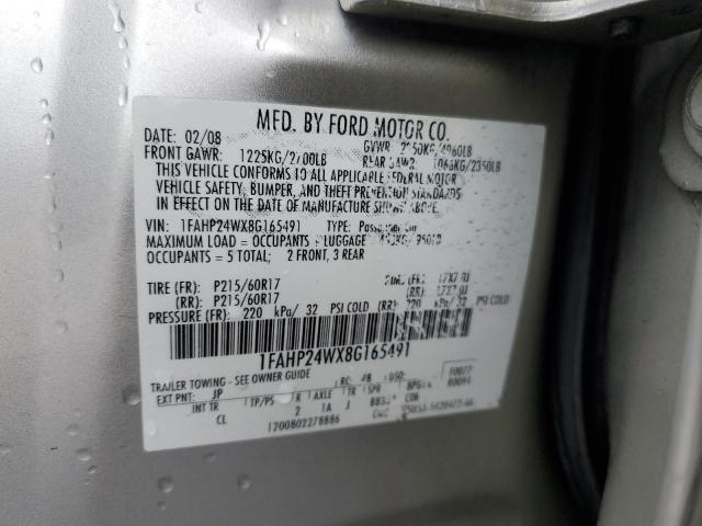 1FAHP24WX8G165491 - 2008 FORD TAURUS SEL SILVER photo 12