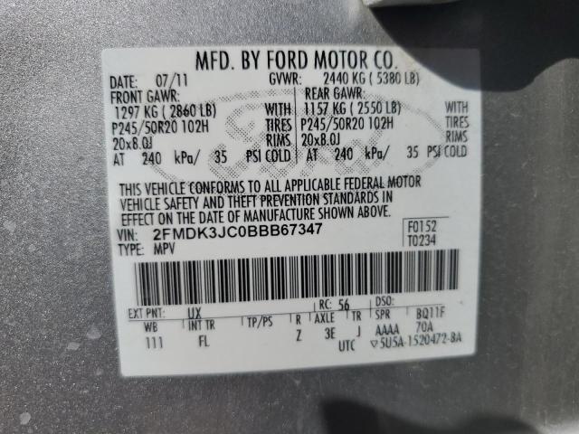 2FMDK3JC0BBB67347 - 2011 FORD EDGE SEL SILVER photo 13