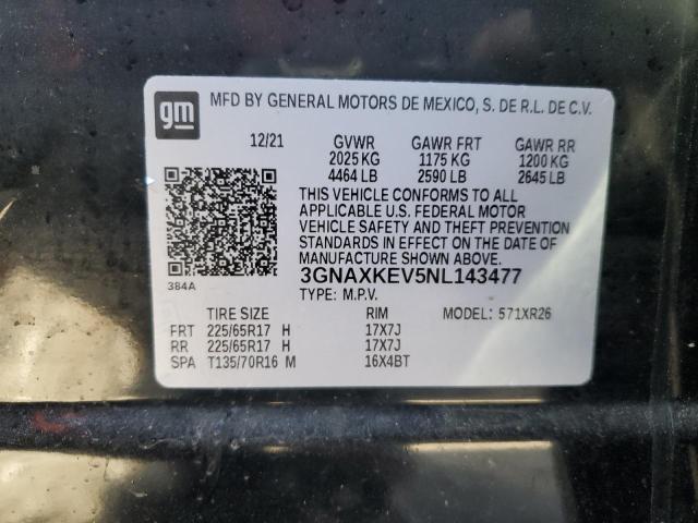 3GNAXKEV5NL143477 - 2022 CHEVROLET EQUINOX LT BLACK photo 13