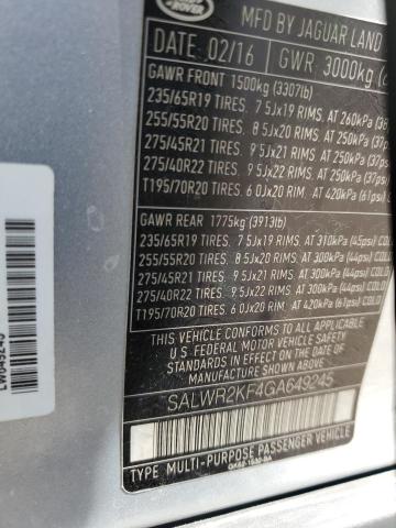 SALWR2KF4GA649245 - 2016 LAND ROVER RANGE ROVE HSE SILVER photo 12