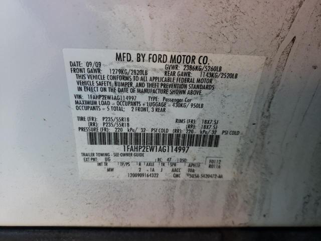 1FAHP2EW1AG114997 - 2010 FORD TAURUS SEL WHITE photo 12