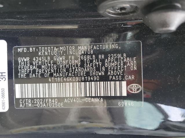 4T1BE46K09U819490 - 2009 TOYOTA CAMRY BASE BLACK photo 12