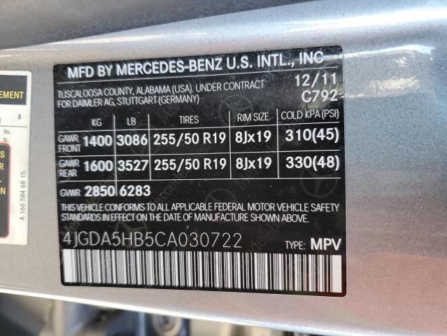 4JGDA5HB5CA030722 - 2012 MERCEDES-BENZ ML 350 4MATIC GRAY photo 12
