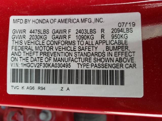 1HGCV2F30KA030495 - 2019 HONDA ACCORD SPORT RED photo 12