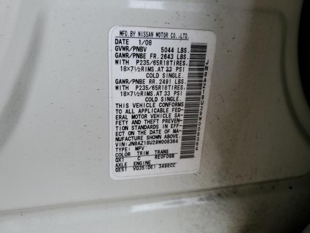 JN8AZ18U29W008364 - 2009 NISSAN MURANO S WHITE photo 12