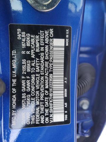 SHHFK7H61KU223589 - 2019 HONDA CIVIC EX BLUE photo 12