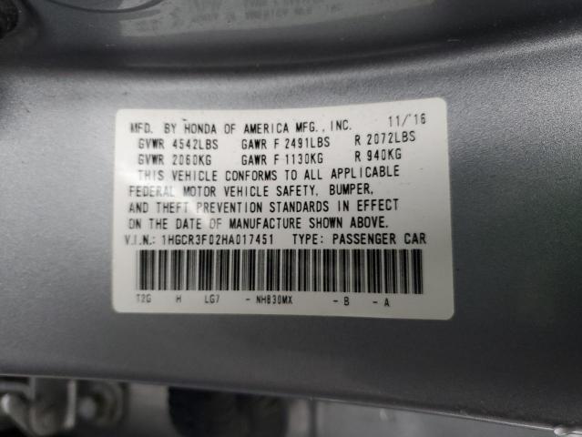 1HGCR3F02HA017451 - 2017 HONDA ACCORD EXL SILVER photo 12