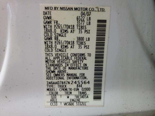 1N6AA07B47N245564 - 2007 NISSAN TITAN XE WHITE photo 13