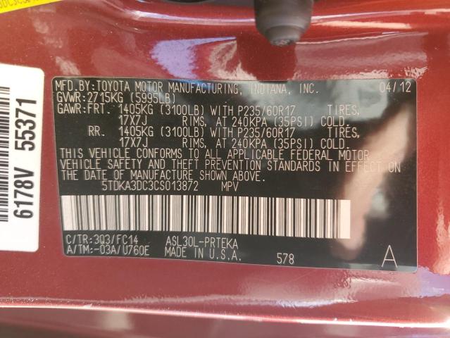 5TDKA3DC3CS013872 - 2012 TOYOTA SIENNA BASE RED photo 13