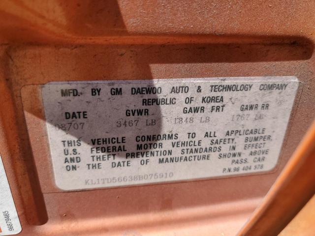 KL1TD56638B075910 - 2008 CHEVROLET AVEO BASE ORANGE photo 12