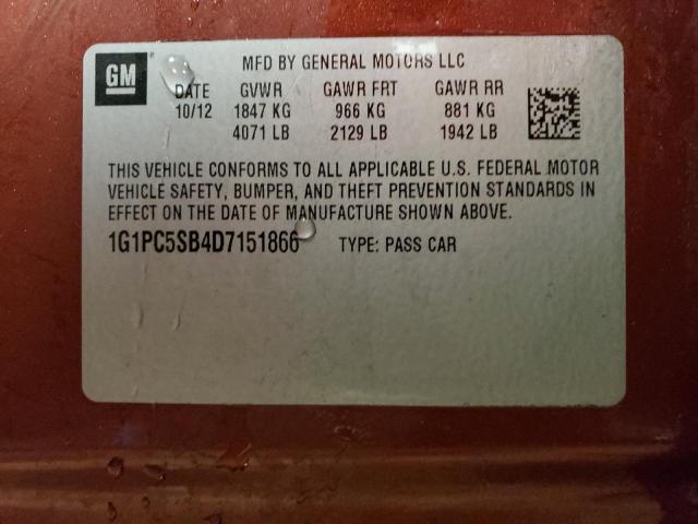 1G1PC5SB4D7151866 - 2013 CHEVROLET CRUZE LT ORANGE photo 12