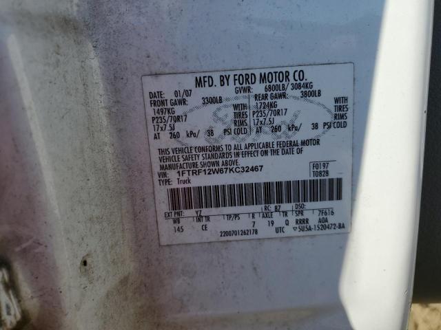 1FTRF12W67KC32467 - 2007 FORD F150 WHITE photo 12