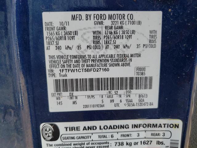 1FTFW1CT5BFD27160 - 2011 FORD F150 SUPERCREW BLUE photo 12