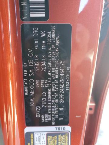 3KPF24AD2NE464175 - 2022 KIA FORTE FE ORANGE photo 12