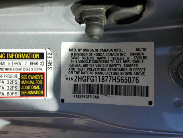 2HGFG11877H565076 - 2007 HONDA CIVIC EX SILVER photo 12