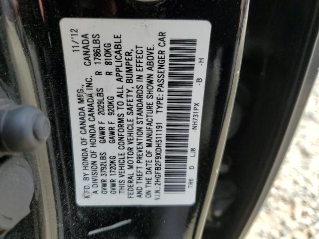 2HGFB2F9XDH511191 - 2013 HONDA CIVIC EXL შავი ფოტო 12