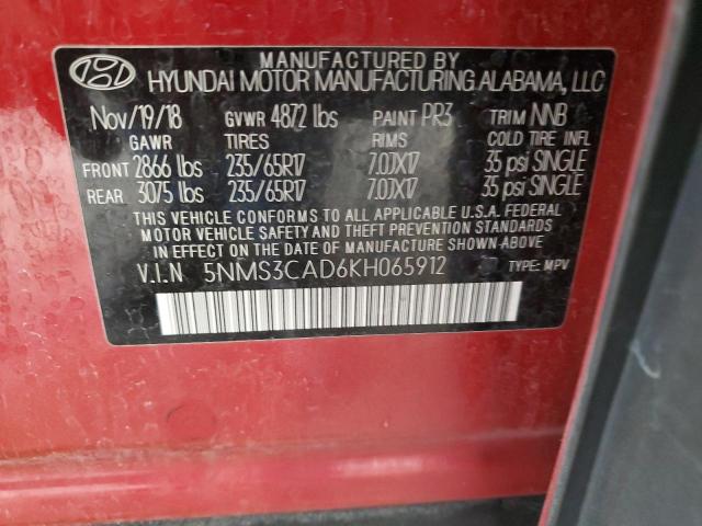 5NMS3CAD6KH065912 - 2019 HYUNDAI SANTA FE SEL RED photo 13